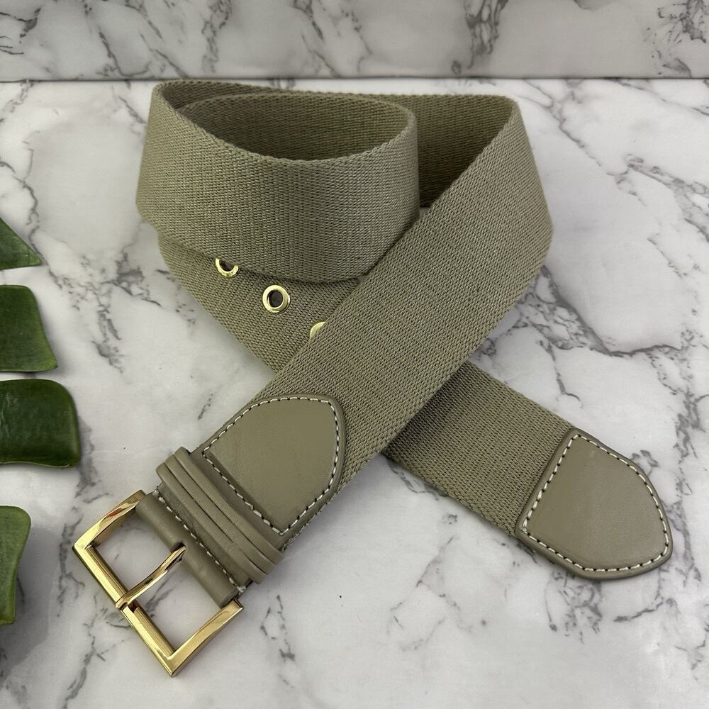 Lafayette 148 Womens Woven Belt Size M Taupe Gray Gold Buckle Wide